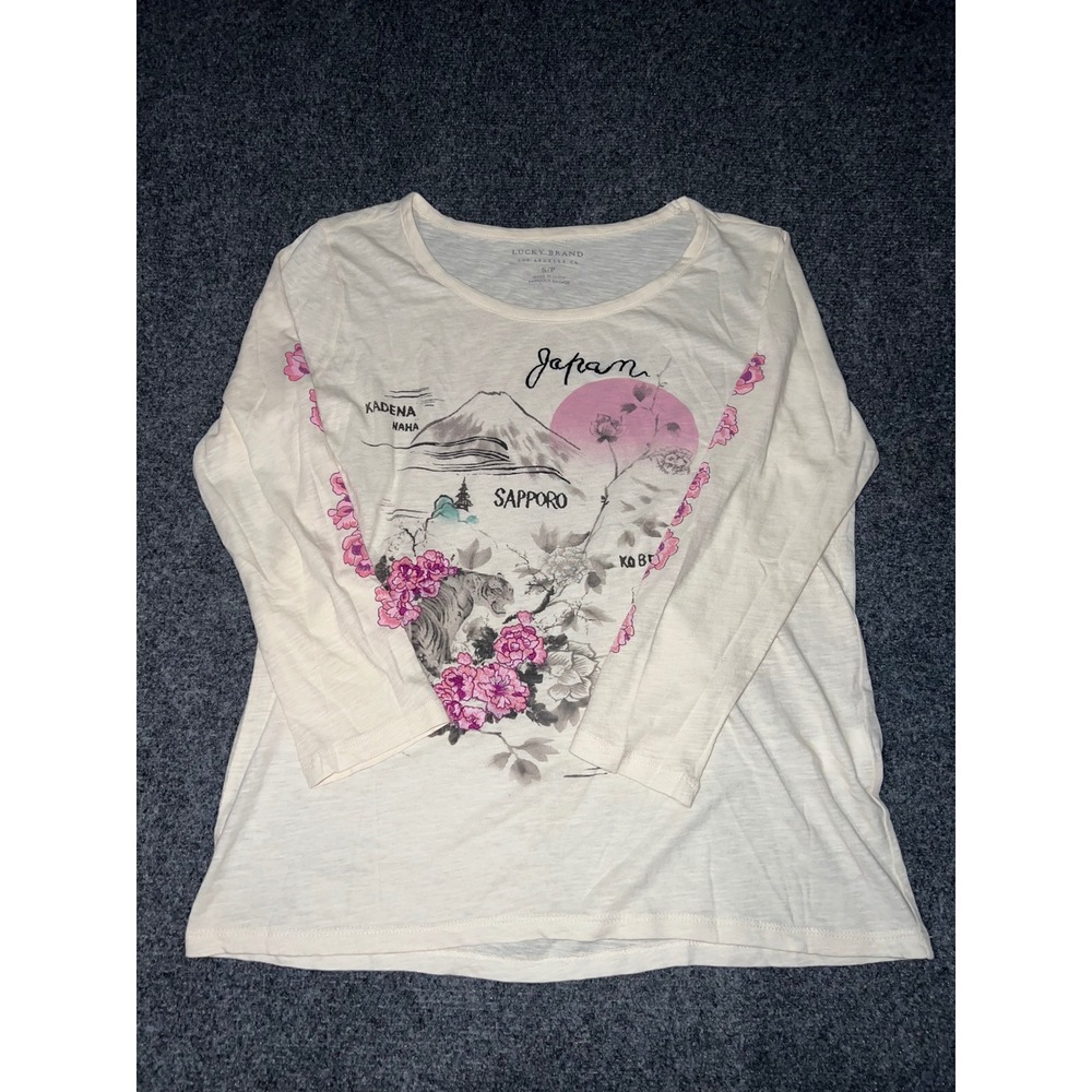 Lucky Brand Japan Graphic Tee Long Sleeve Cream Floral Tiger Small
